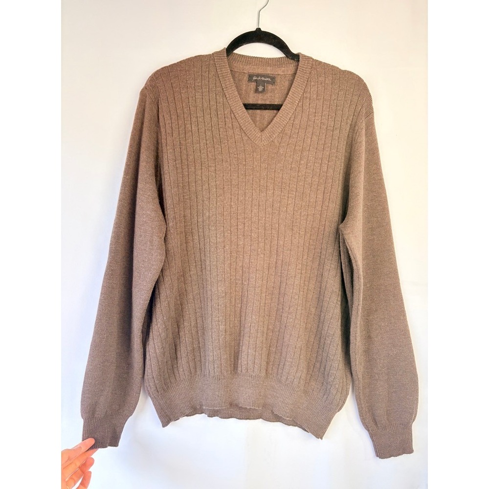 JOHN W. NORDSTROM Mens V-Neck Sweater L Brown Extra Fine Merino Wool Italy